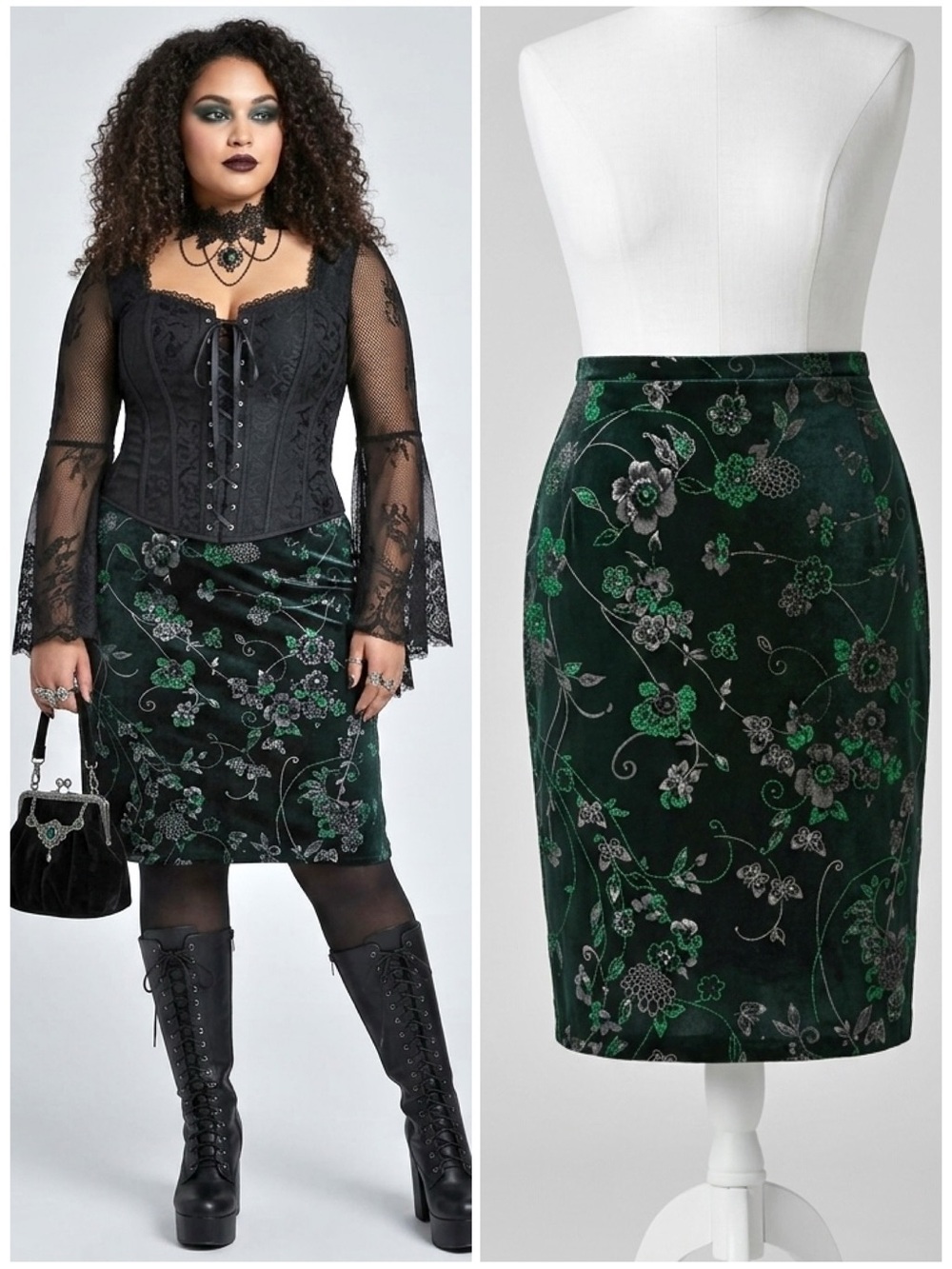 Vintage Dark Green Velvet Metallic Floral Pencil Skirt with Pockets Plus Size 1X